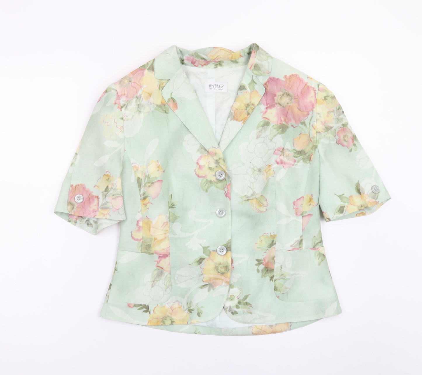 Basler Women's Green Floral Blazer Size 12 Short Sleeve Classic Style