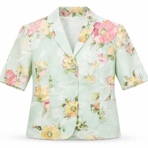 Basler Women's Green Floral Blazer Size 12 Short Sleeve Classic Style