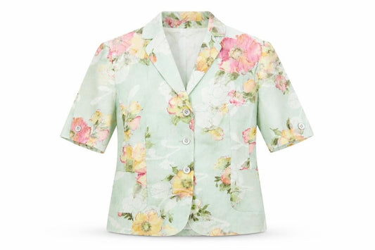 Front view of Basler Women's Green Floral Blazer, size 12, Short Sleeve Classic Style