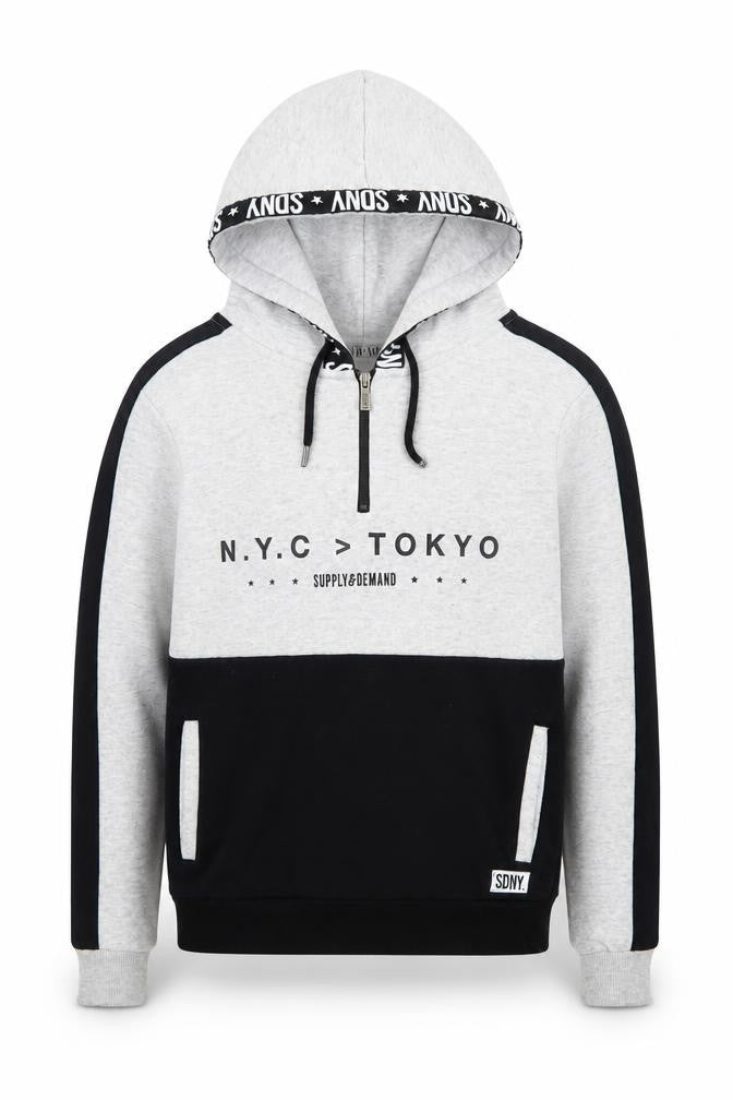 Front view of Supply & Demand Men’s Grey Black Half Zip Hoodie, size 10, Graphic Print