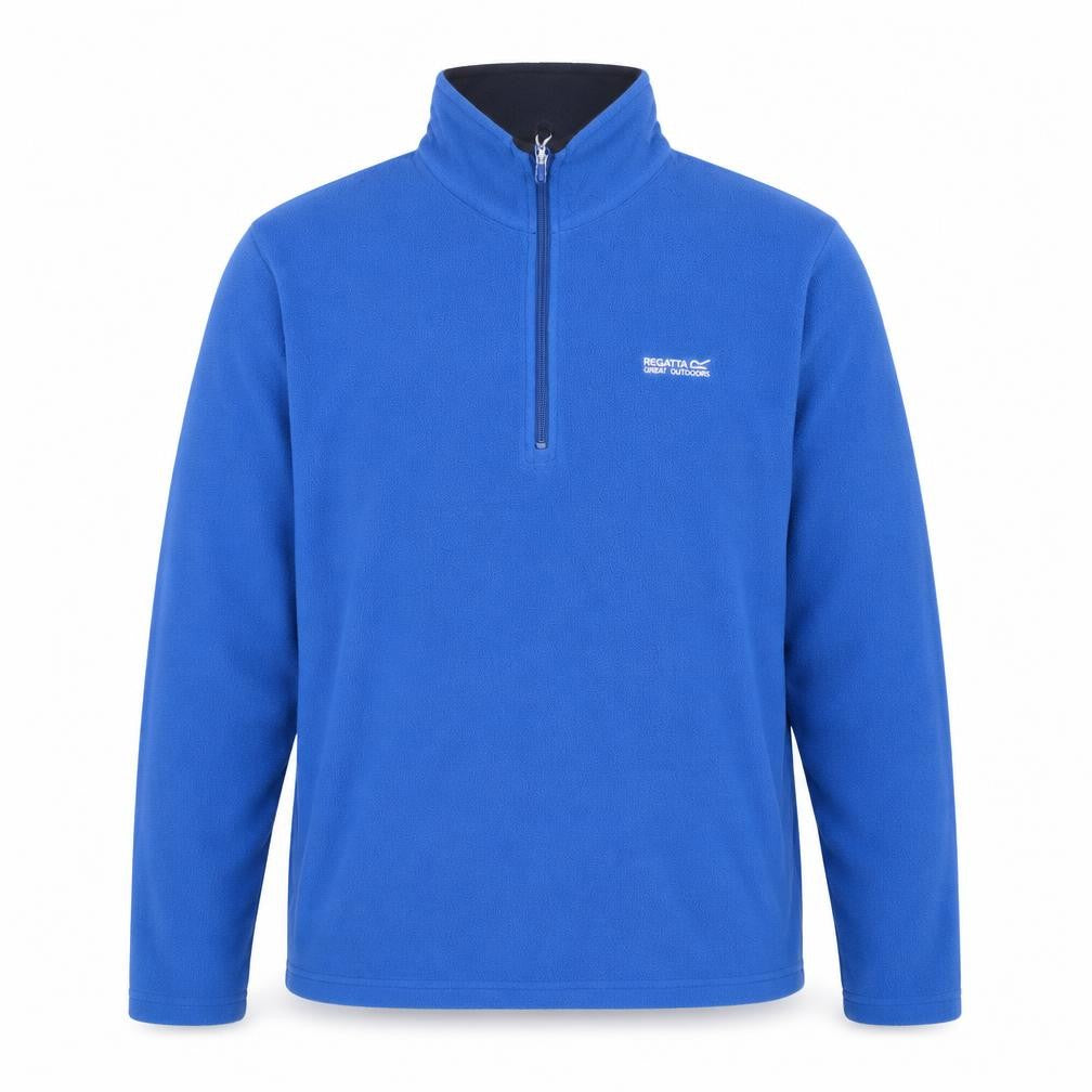 Front view of Regatta men’s blue 1/4 zip fleece sweatshirt, size L, outdoor pullover