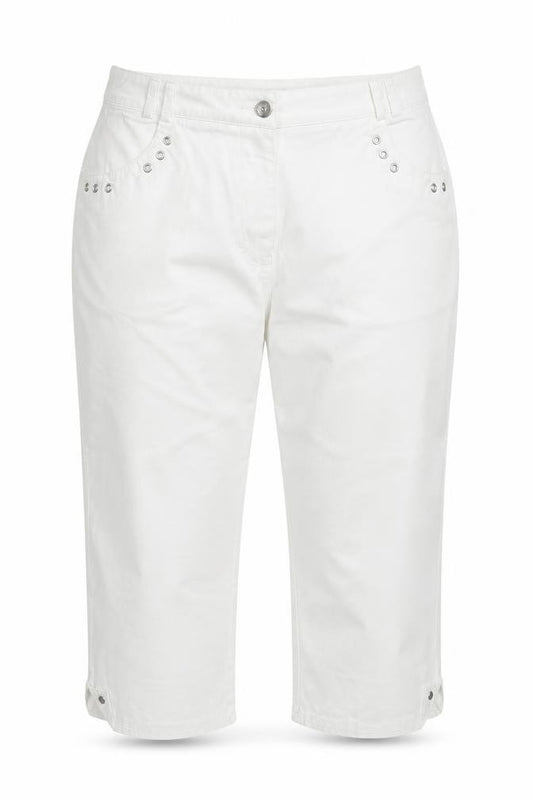 Front view of Emreco Women's White Capri Jeans UK 12 Regular Stretch Denim