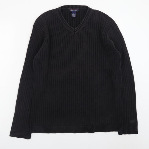 GANT Men's Black Cotton V-Neck Chunky Knit Jumper Size L