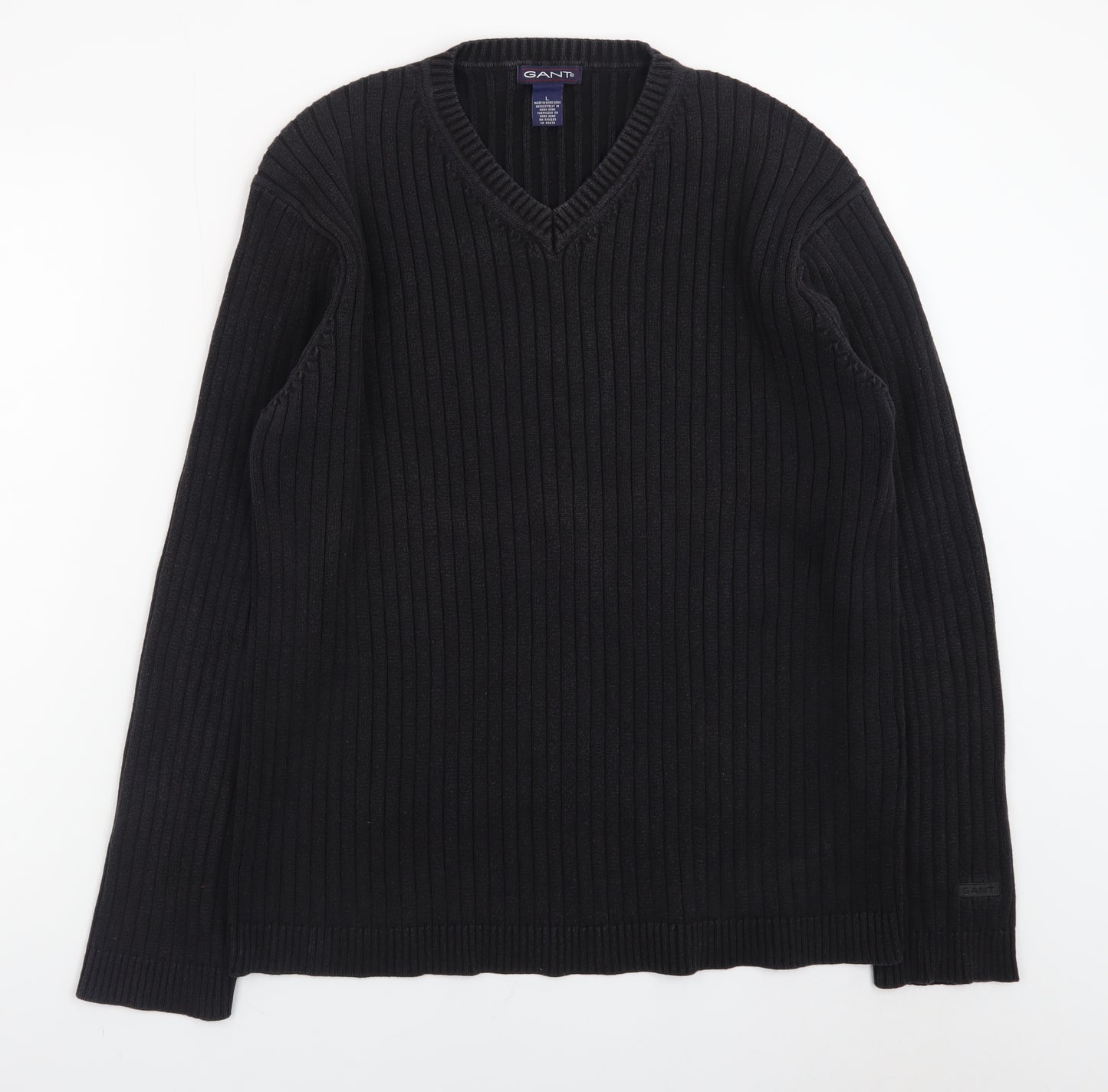 GANT Men's Black Cotton V-Neck Chunky Knit Jumper Size L