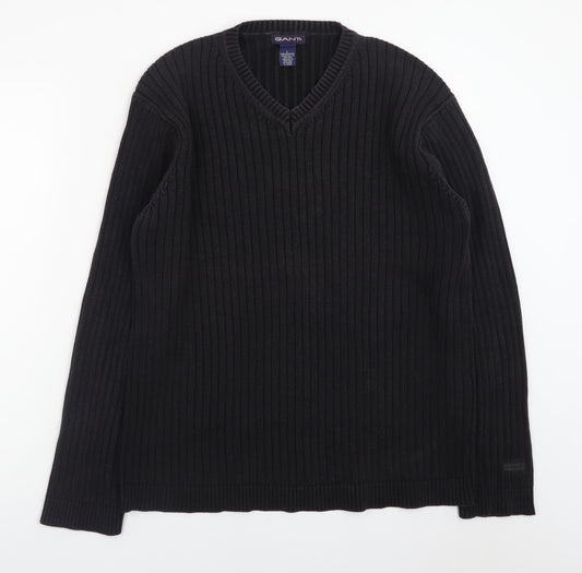 GANT Men's Black Cotton V-Neck Chunky Knit Jumper Size L