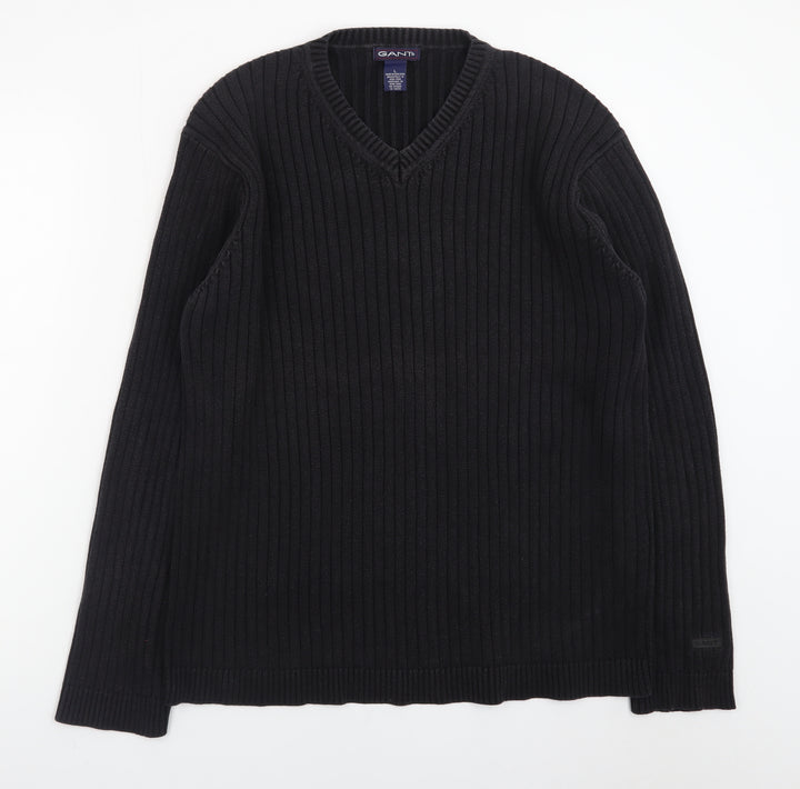GANT Men's Black Cotton V-Neck Chunky Knit Jumper Size L