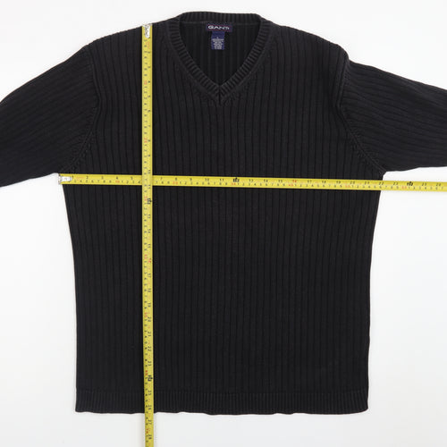 GANT Men's Black Cotton V-Neck Chunky Knit Jumper Size L