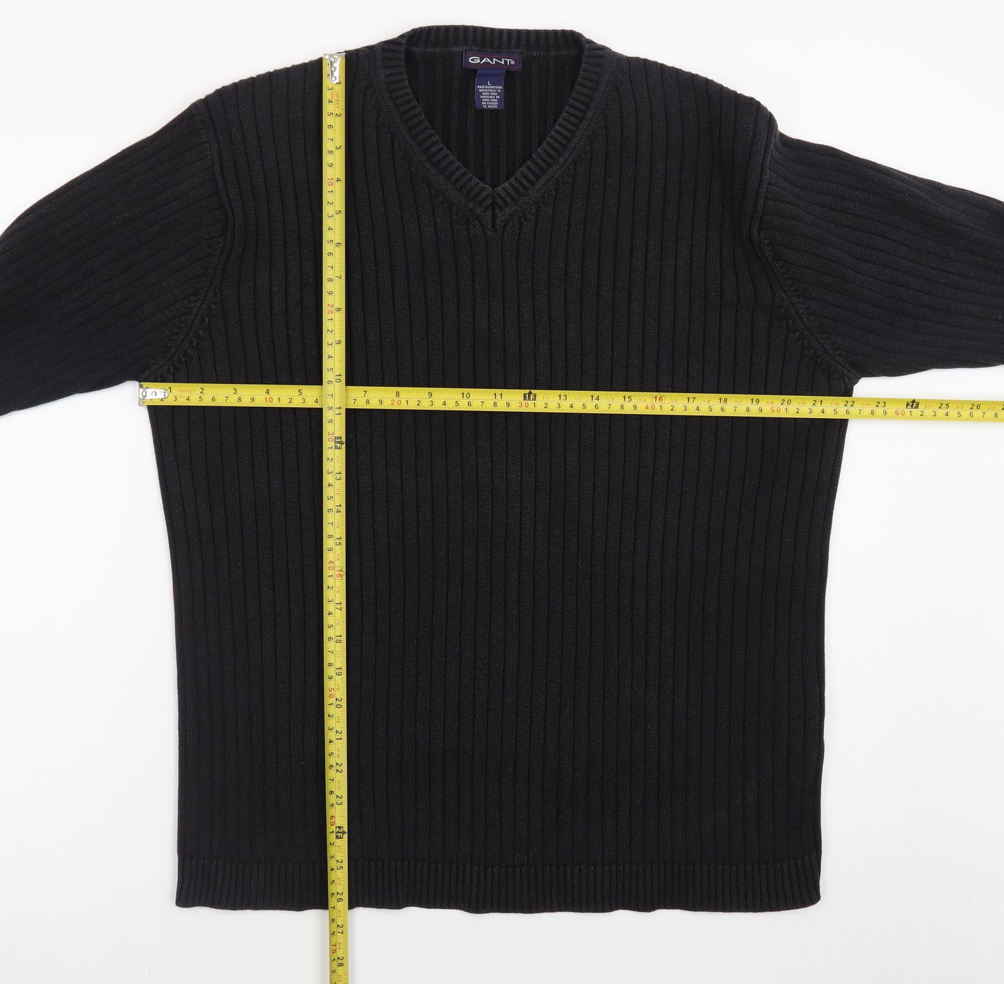 GANT Men's Black Cotton V-Neck Chunky Knit Jumper Size L