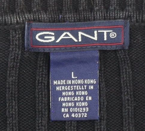 GANT Men's Black Cotton V-Neck Chunky Knit Jumper Size L