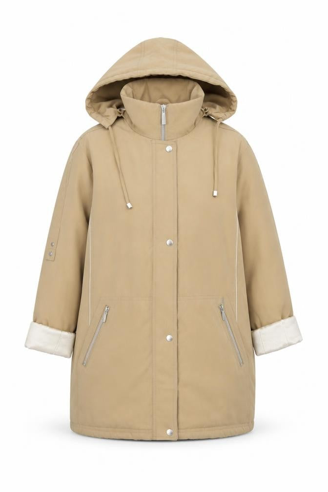 Front view of Balmoral Collection Women Beige Hooded Parka Coat, size 12, Polyester