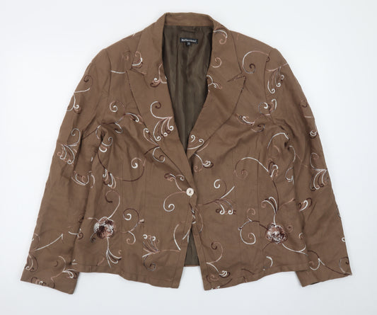 Reflections Women Brown Floral Embroidered Blazer Jacket Size 20