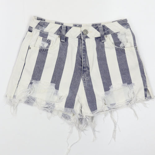Topshop Women White Blue Stripe Mom Denim Shorts Size 8 Distressed