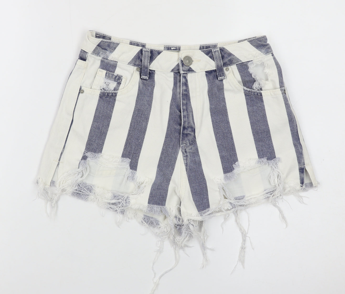 Topshop Women White Blue Stripe Mom Denim Shorts Size 8 Distressed