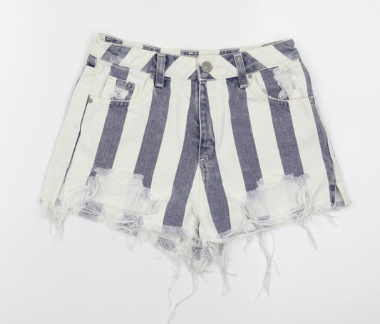 Topshop Women White Blue Stripe Mom Denim Shorts Size 8 Distressed
