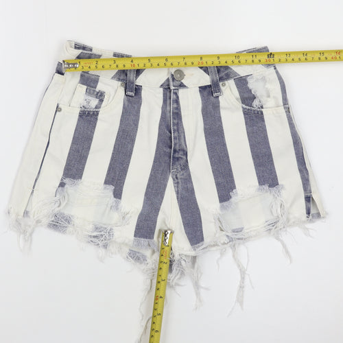 Topshop Women White Blue Stripe Mom Denim Shorts Size 8 Distressed