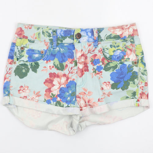 Topshop Women Blue Floral Denim Shorts Size W28 Moto High Rise