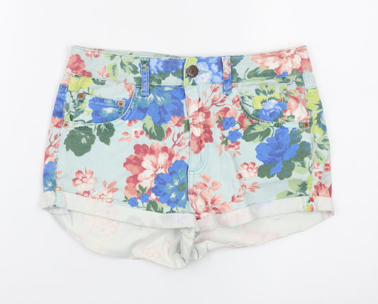 Topshop Women Blue Floral Denim Shorts Size W28 Moto High Rise