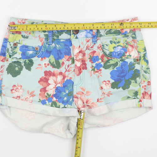 Topshop Women Blue Floral Denim Shorts Size W28 Moto High Rise