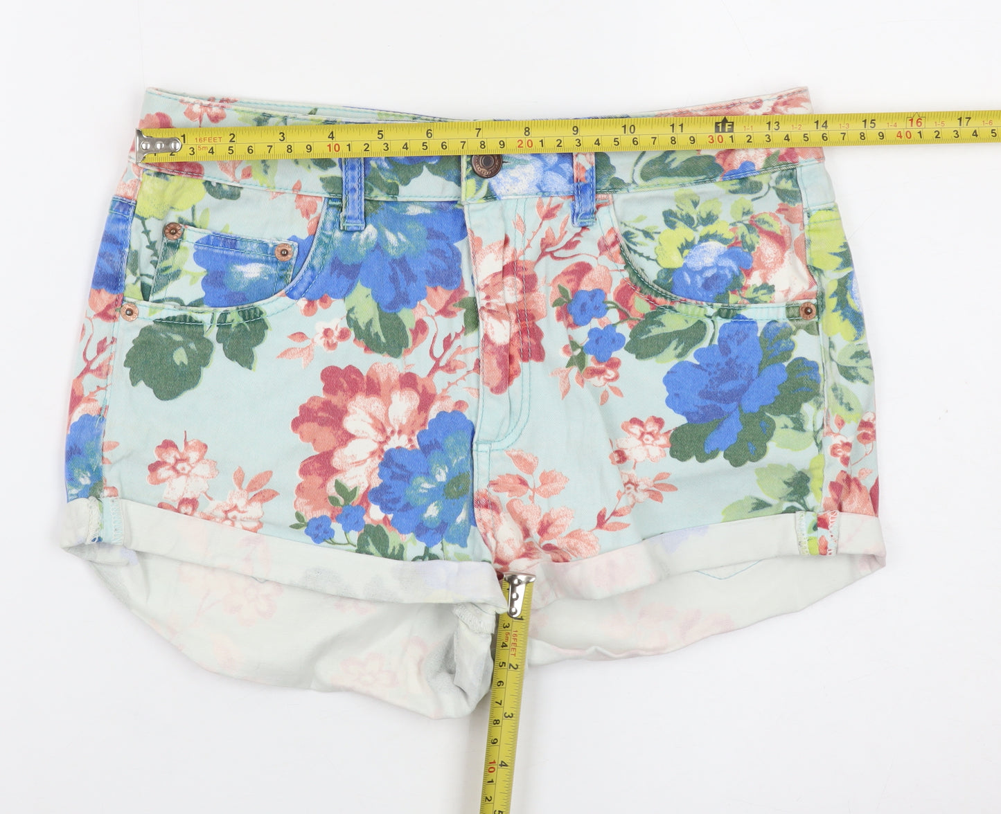 Topshop Women Blue Floral Denim Shorts Size W28 Moto High Rise