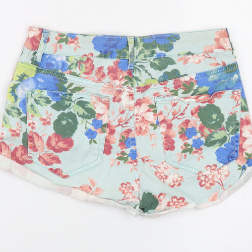 Topshop Women Blue Floral Denim Shorts Size W28 Moto High Rise