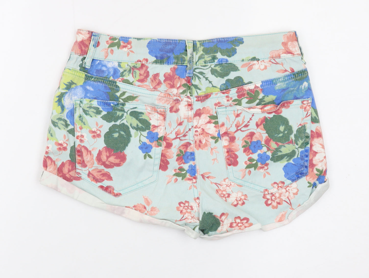 Topshop Women Blue Floral Denim Shorts Size W28 Moto High Rise