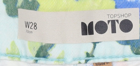 Topshop Women Blue Floral Denim Shorts Size W28 Moto High Rise