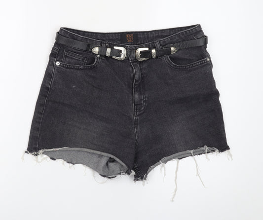 F&F Women Black Denim Cut-Off Shorts Size 12 High Rise Raw Hem