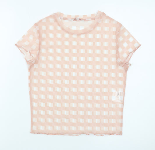 Clockhouse Women Pink Check Mesh Short Sleeve Cropped T-Shirt M