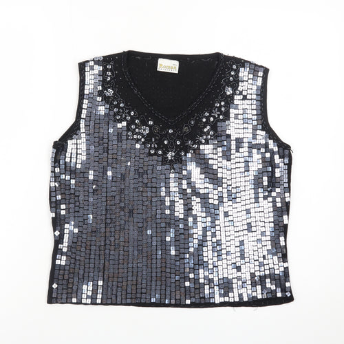 Roman Originals Women's Black Sequin Beaded V-Neck Sleeveless Top L