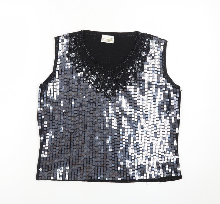 Roman Originals Women's Black Sequin Beaded V-Neck Sleeveless Top L