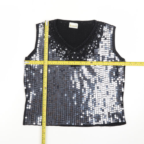 Roman Originals Women's Black Sequin Beaded V-Neck Sleeveless Top L