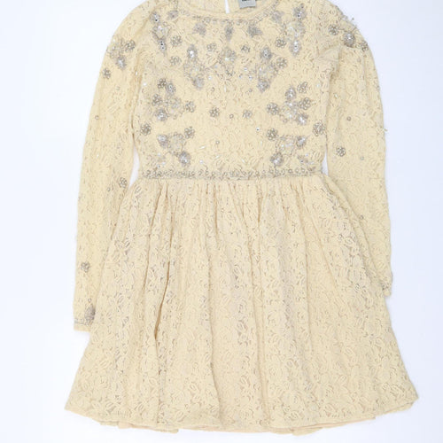 ASOS Women Beige Lace Fit & Flare Sequin Dress Size 8