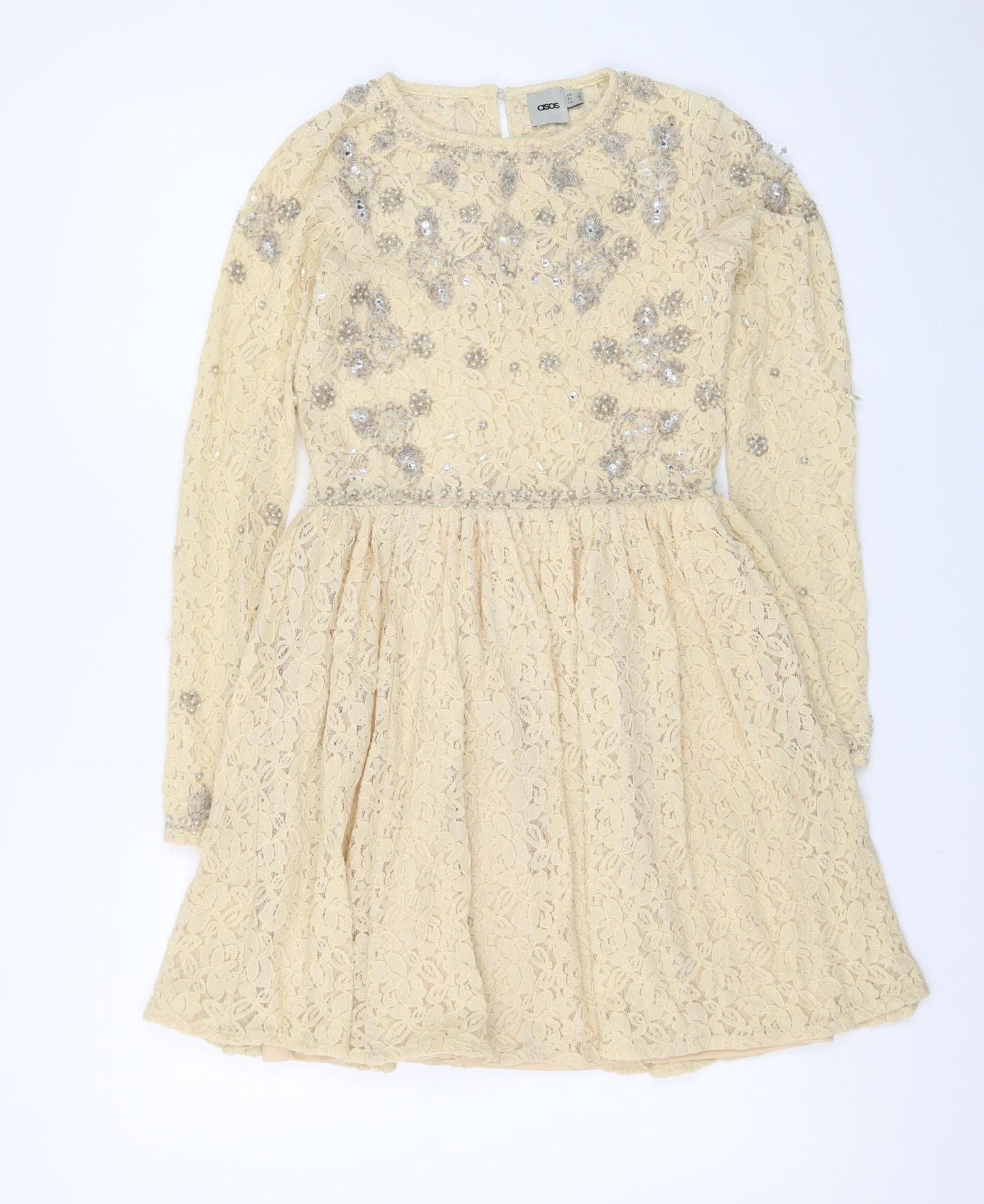 ASOS Women Beige Lace Fit & Flare Sequin Dress Size 8