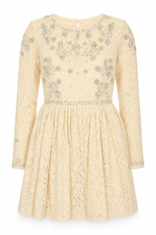 Front view of ASOS Women Beige Lace Fit & Flare Sequin Dress, size 8