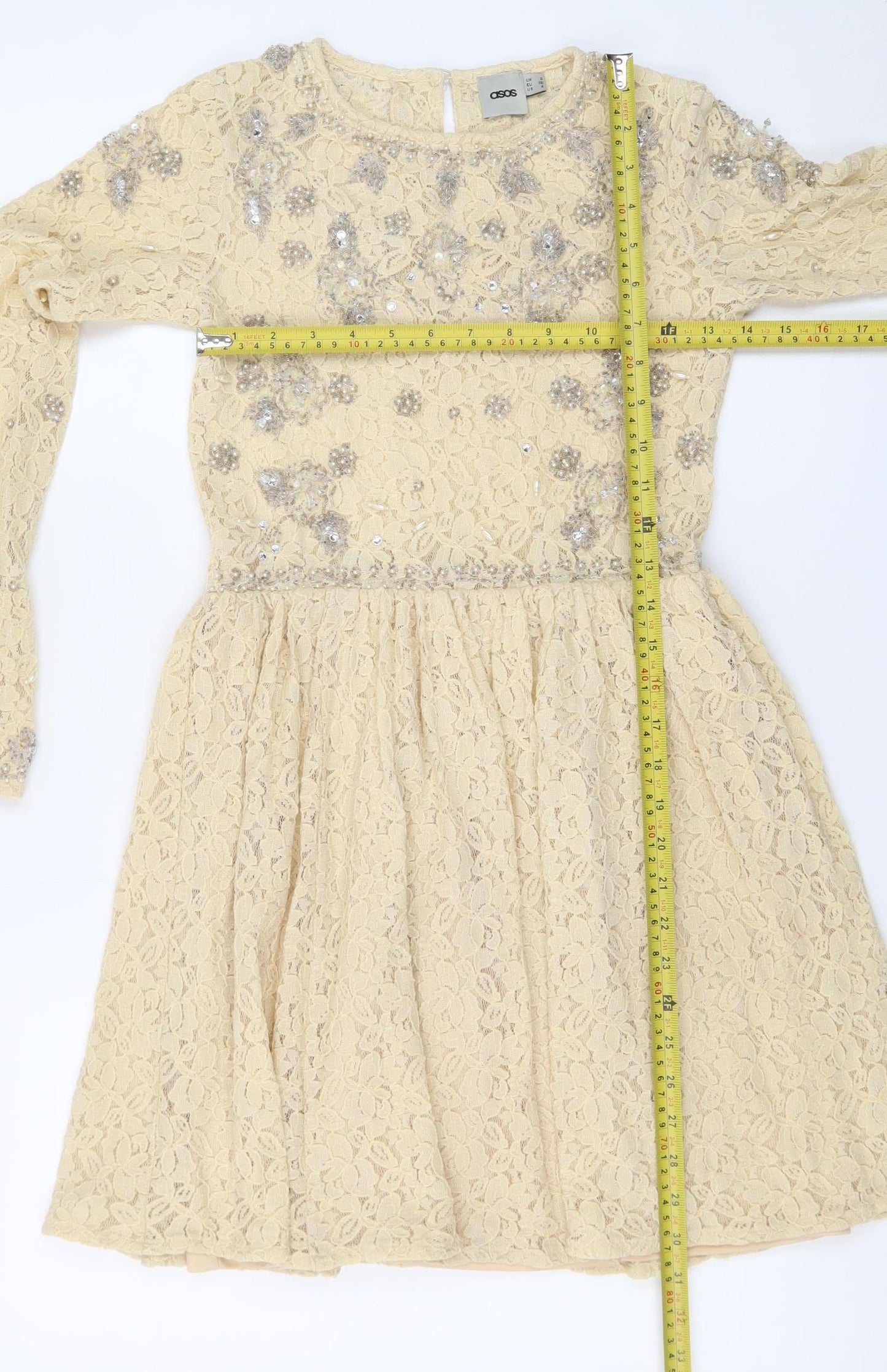 ASOS Women Beige Lace Fit & Flare Sequin Dress Size 8