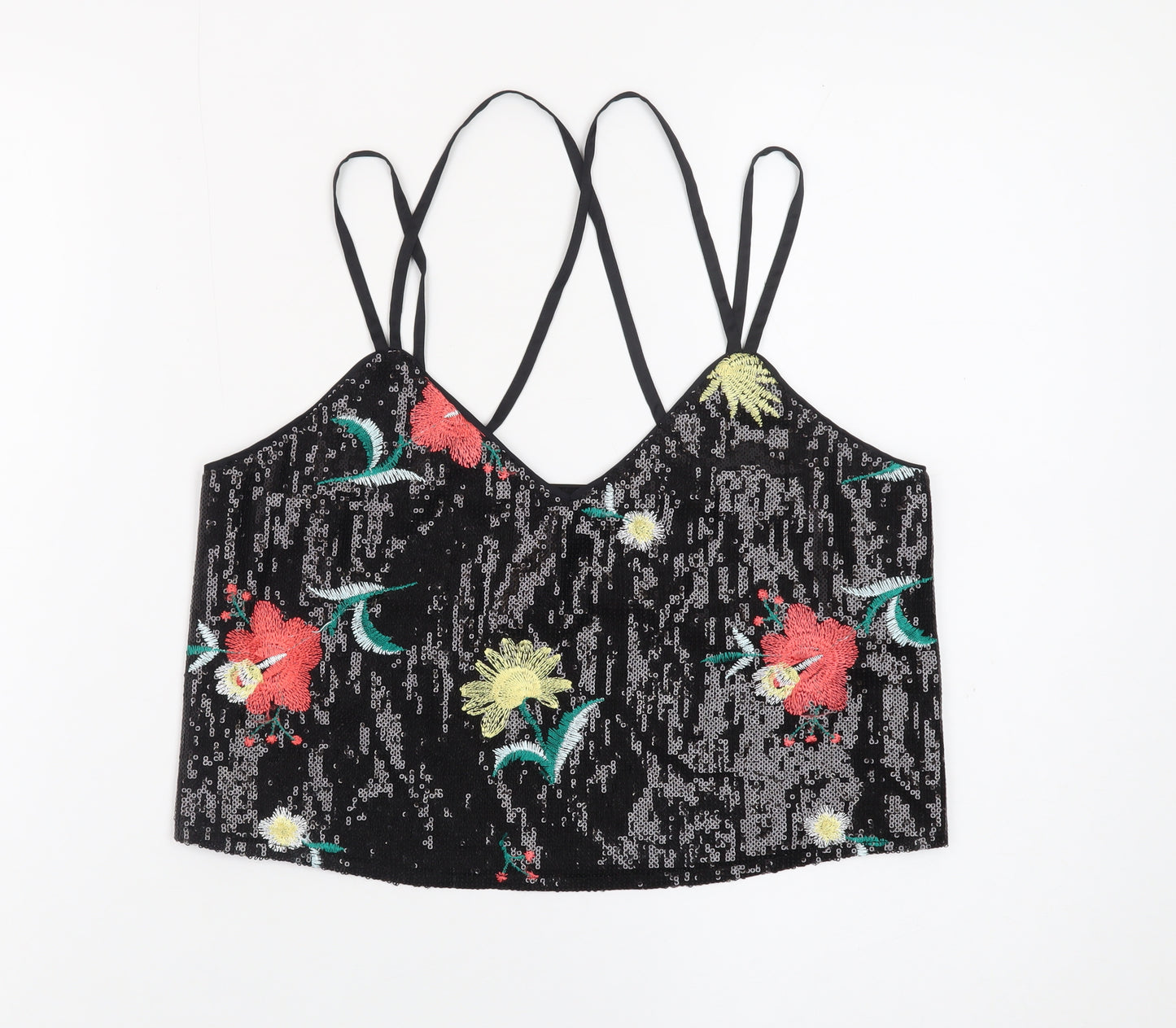 New Look Women’s Black Sequin Floral Camisole Tank Top Size 10