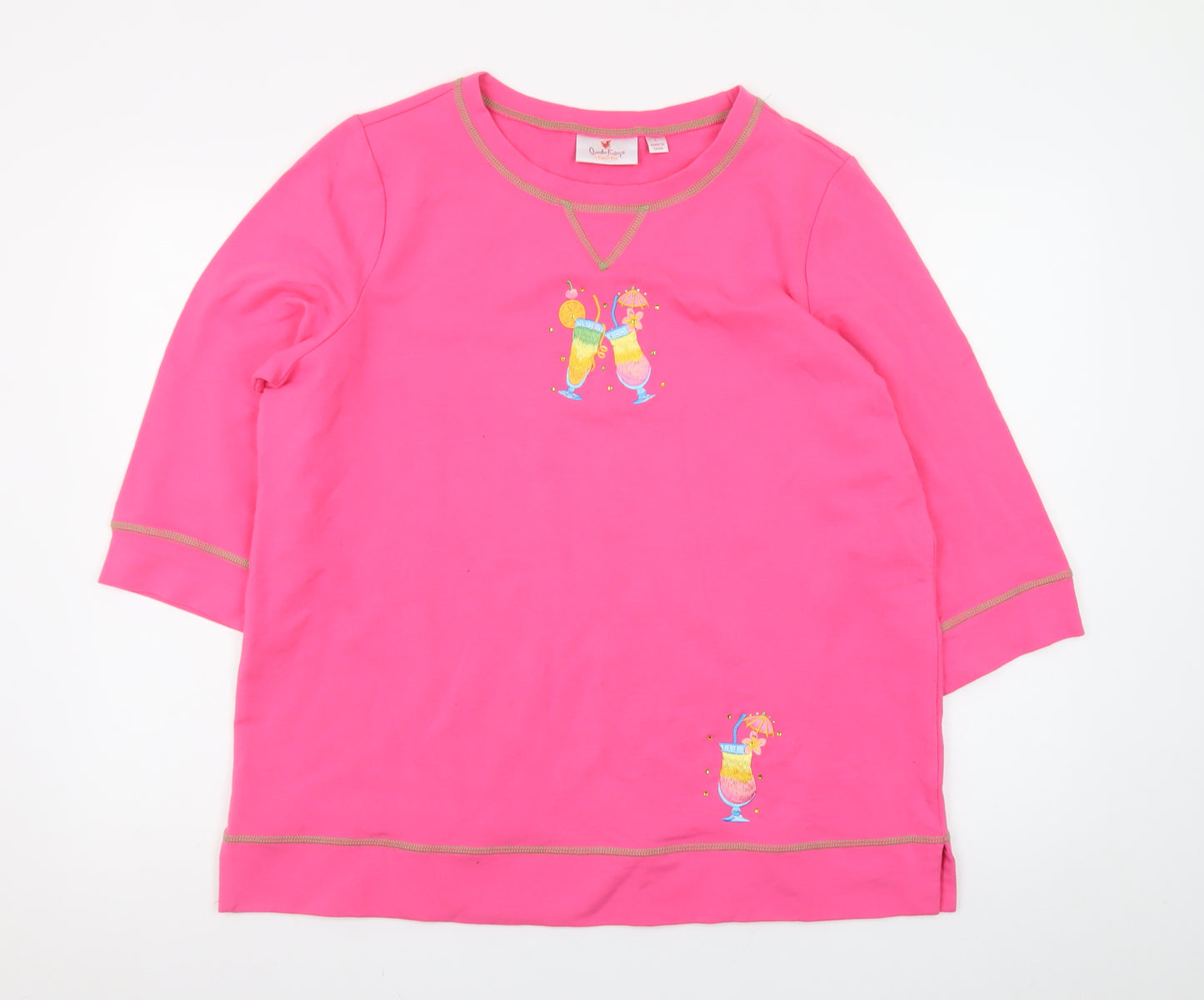 Quacker Factory Women Pink L Pullover Sweatshirt 3/4 Sleeve Cotton Elastane