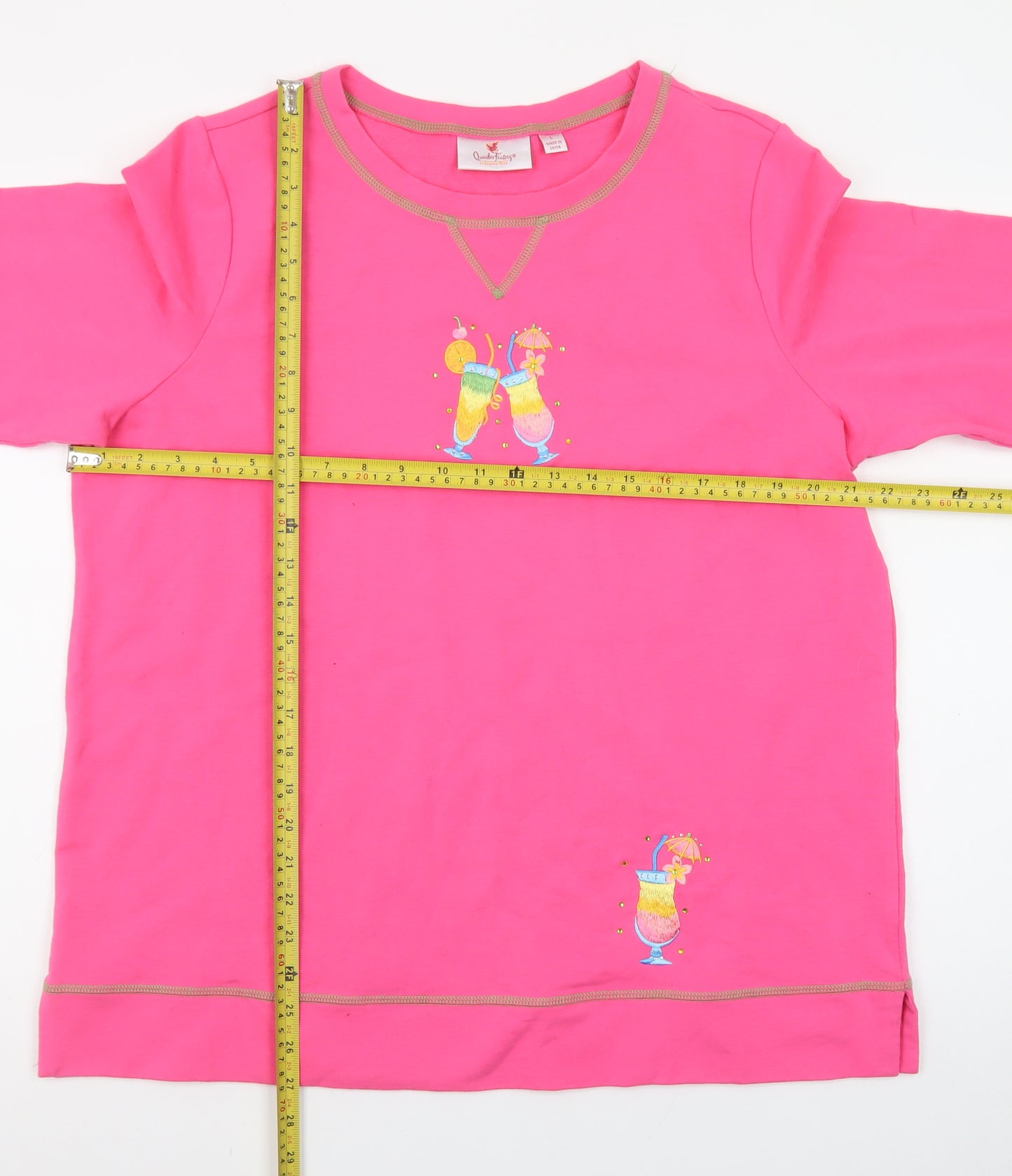 Quacker Factory Women Pink L Pullover Sweatshirt 3/4 Sleeve Cotton Elastane
