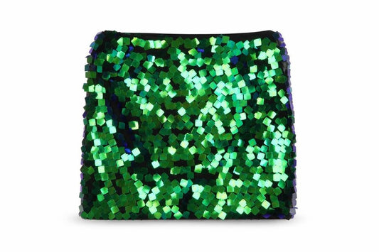 Front view of Collective The Label Women’s Green Sequin Mini Skirt, size UK 6, Petite