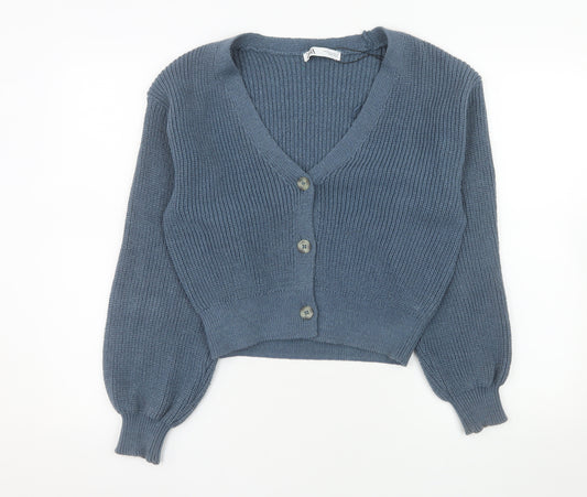 ZARA Women Blue Ribbed Knit V-Neck Button Cardigan Size 12