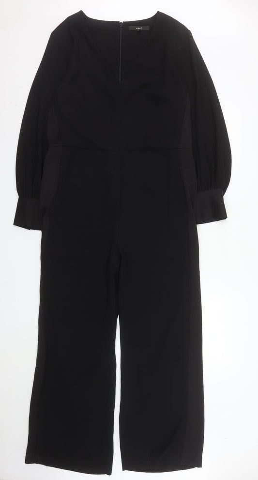 Next Women's Black Polyester Jumpsuit Size 14 Wide-Leg Long Sleeve