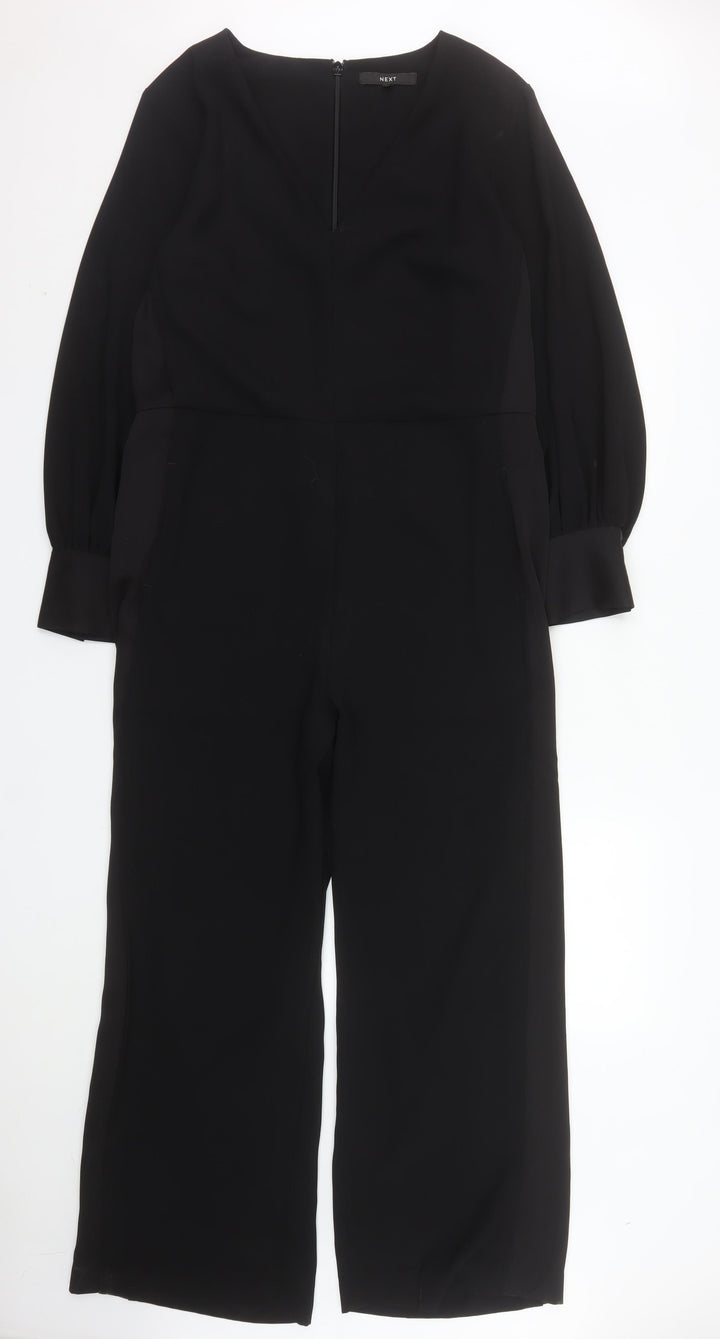Next Women's Black Polyester Jumpsuit Size 14 Wide-Leg Long Sleeve