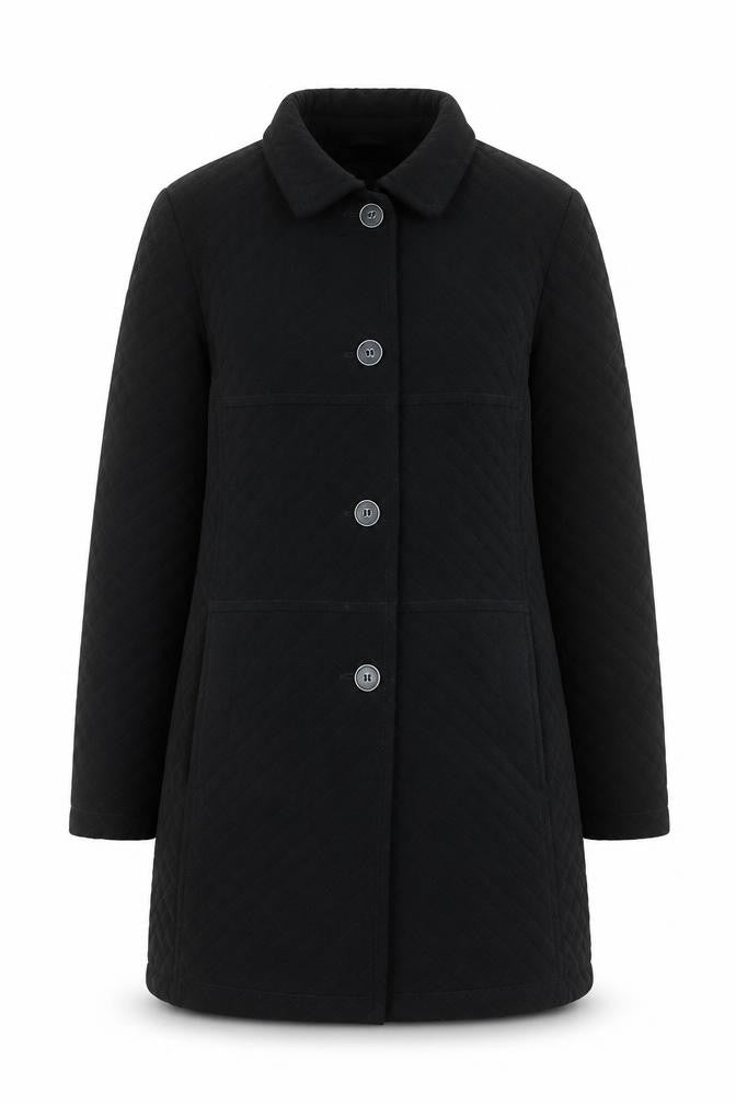 Front view of Gallery Women's Black Quilted Mid-Length Coat, size S