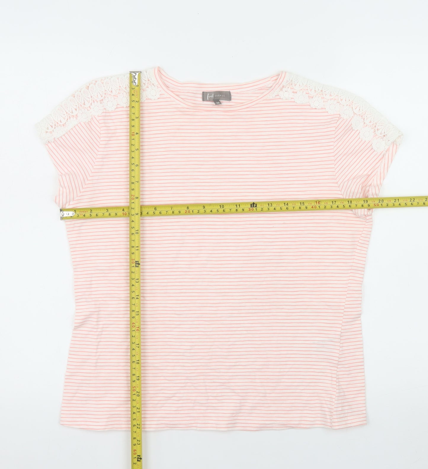 First Avenue Women's Pink Striped Crochet Shoulder T-Shirt Size M