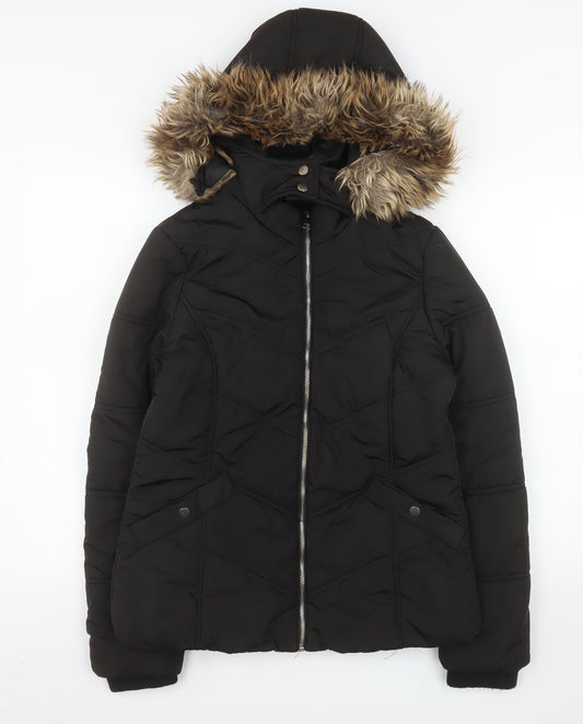 915 Girls Black Hooded Quilted Puffer Jacket Age 12-13 Years with Faux Fur Trim