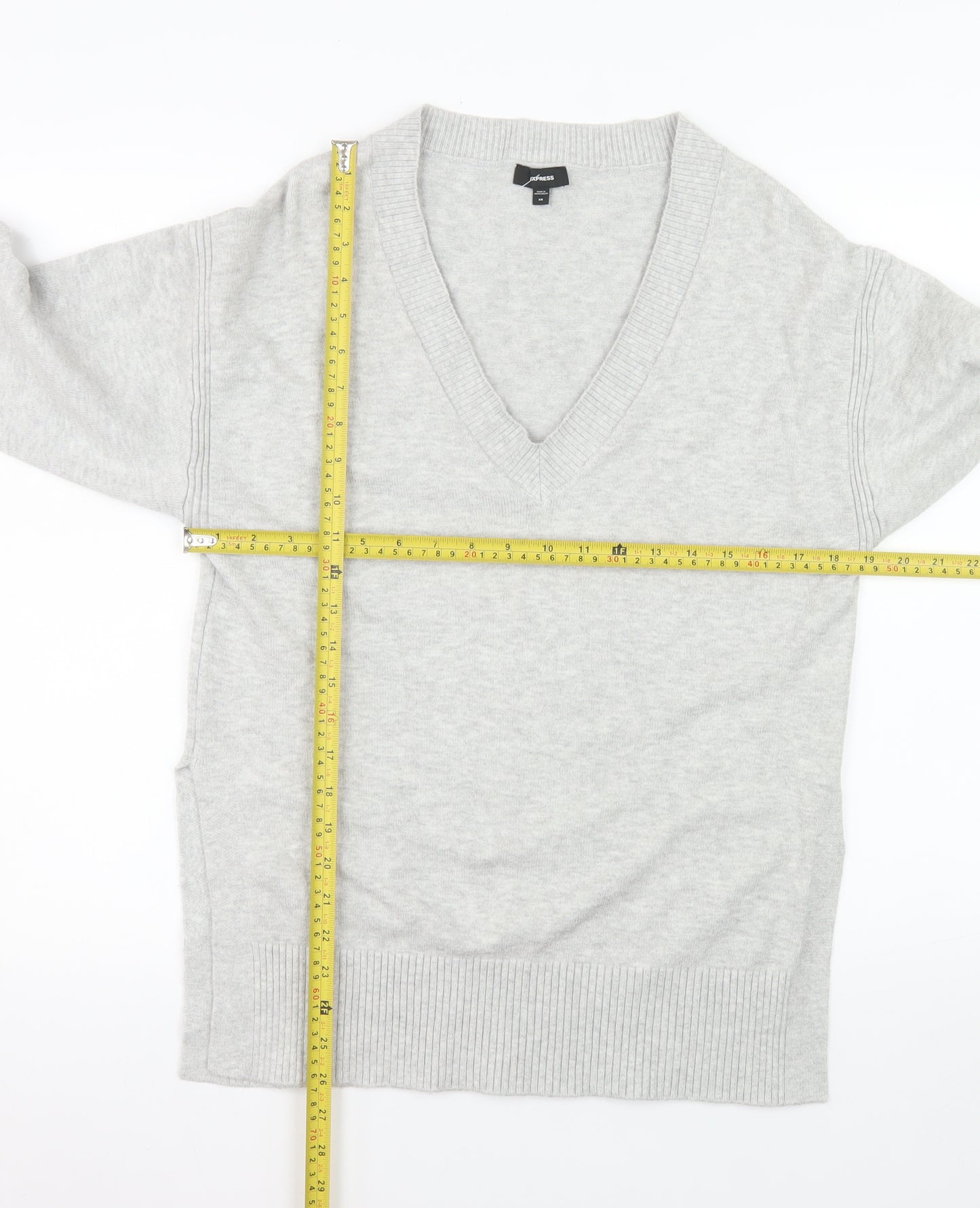 Express Women's Grey V-Neck Long Sleeve Pullover Jumper XS