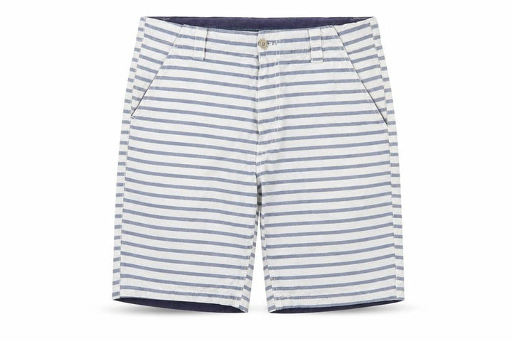Front view of CENTERED Men's Blue Striped Chino Shorts, size M
