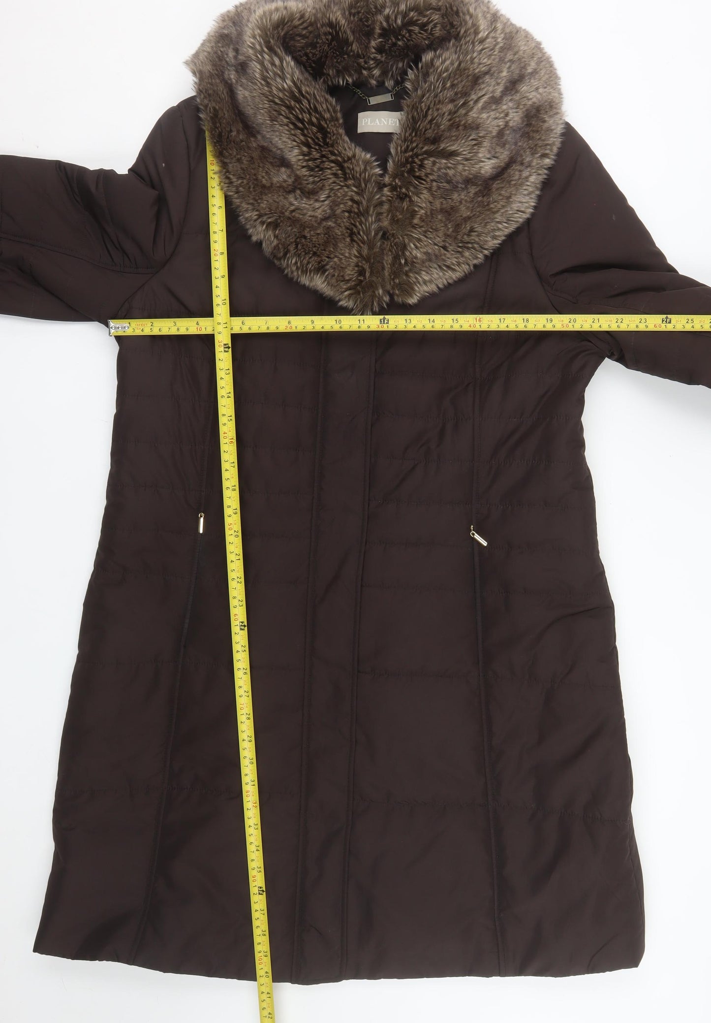 Planet Women's Brown Faux Fur Collar Long Padded Coat Size 16