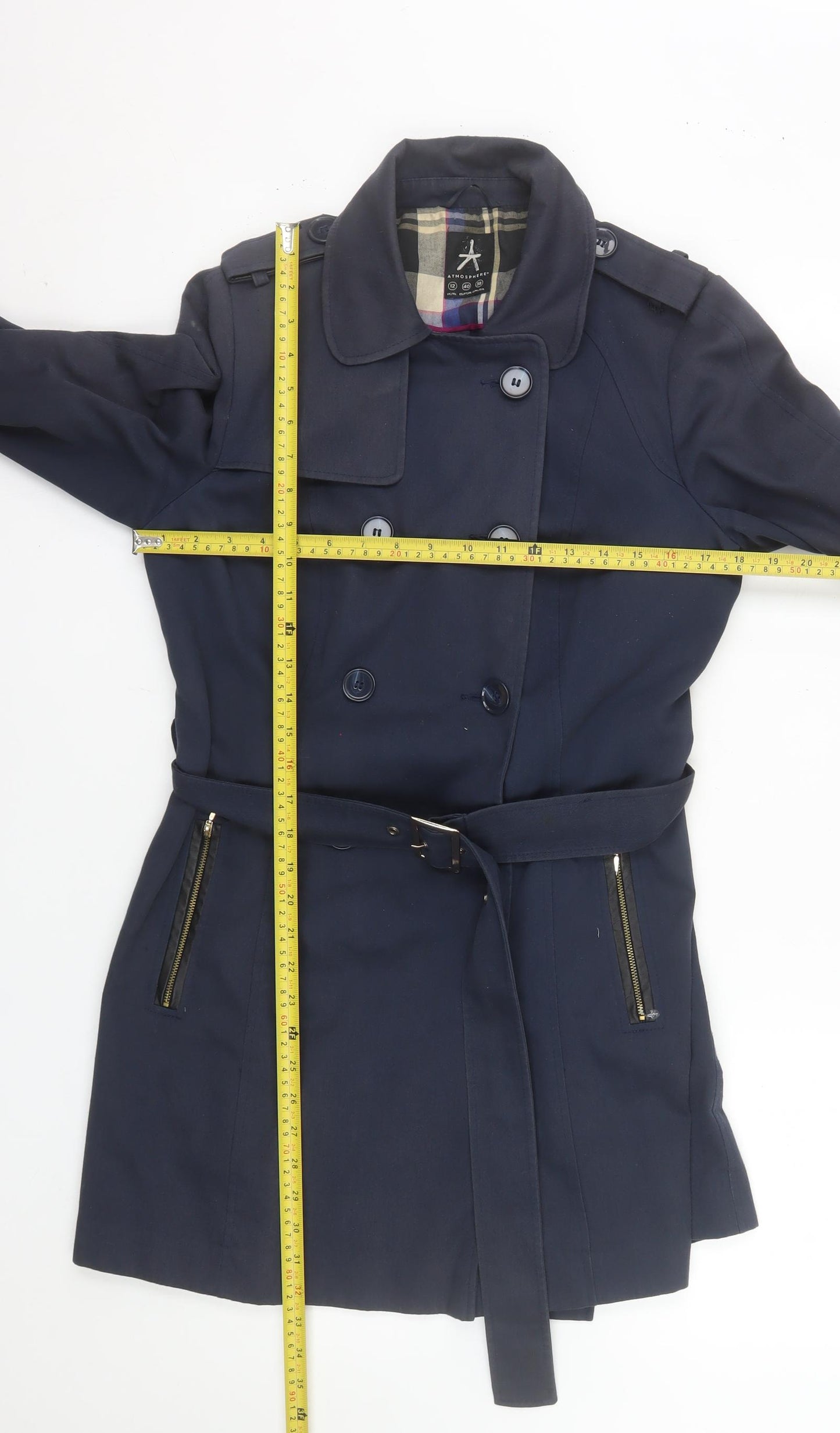 Atmosphere Women's Blue Size 12 Trench Coat Belted Mid-Length