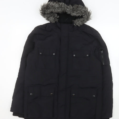 ACW85 Men's Black Faux Fur Hooded Parka Jacket Medium Winter Warm